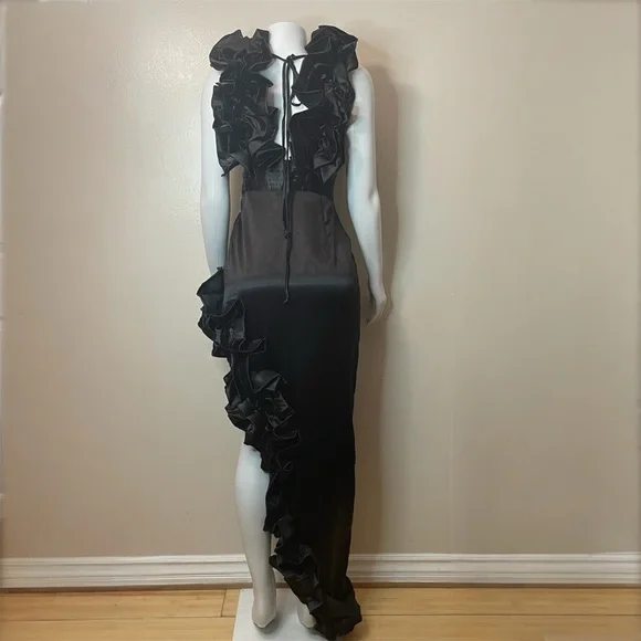 Black satin deep V-neck high low ruffle dress - Picture 12 of 13